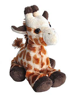 The Wild Republic Mini Giraffe Stuffed Animal features orange and brown spots, brown hooves, a tufted tail, and big black eyes, sitting upright on a white background.