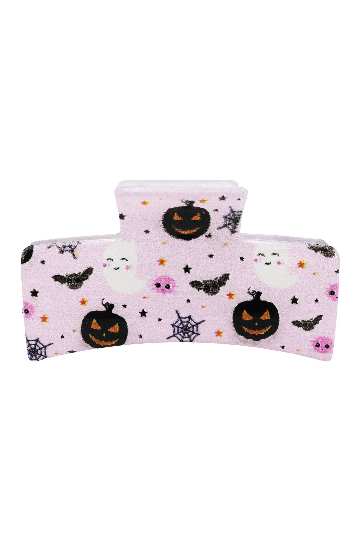 Light purple Halloween Hair Claw featuring a pattern of jack-o-lanterns, ghosts, bats, spiderwebs, and stars.