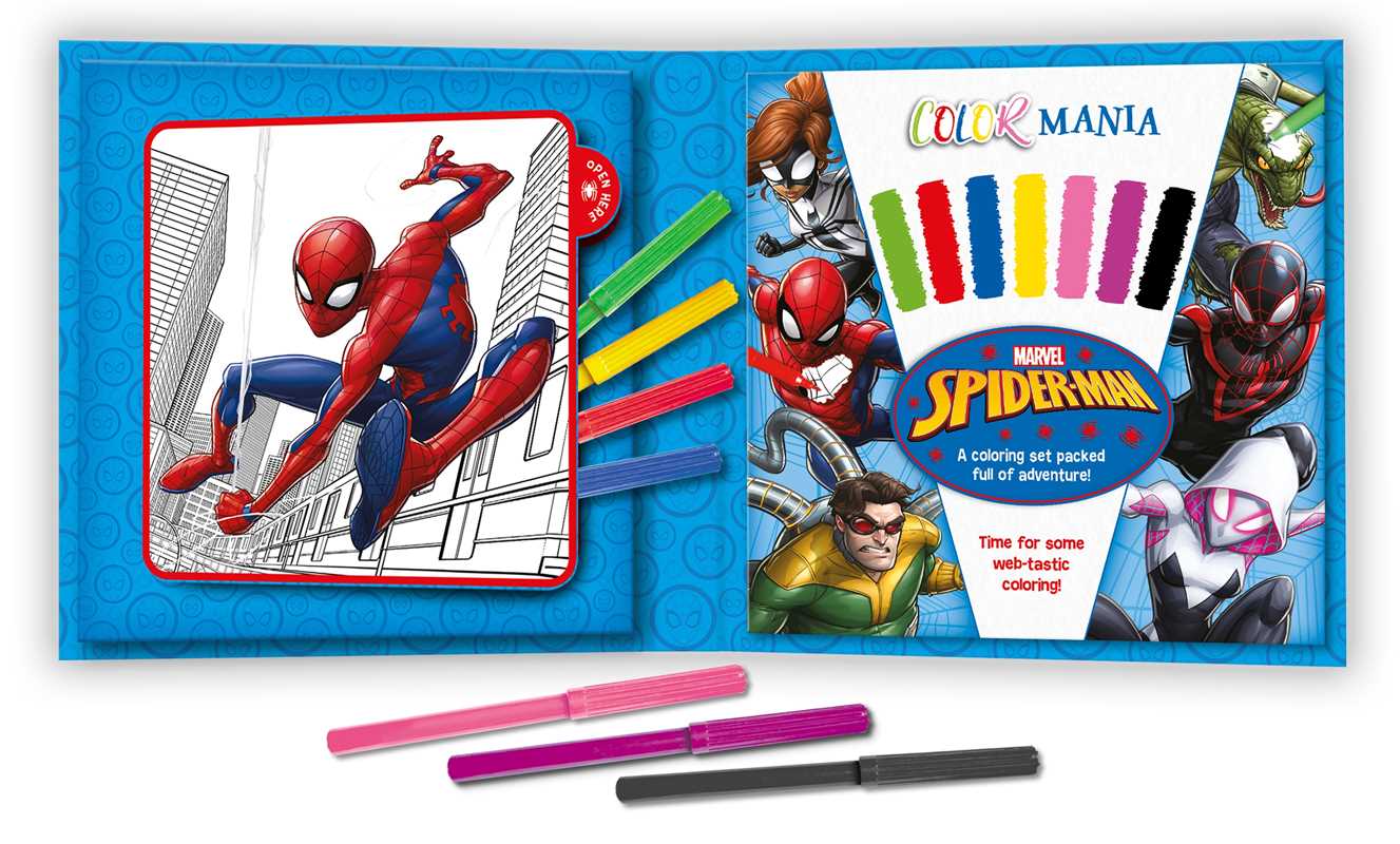 The Marvel Spider-Man Activity Book by Simon & Schuster includes an open book with a Spider-Man coloring page, six colored markers—two in front—and a cover featuring Spider-Man and other Marvel characters.