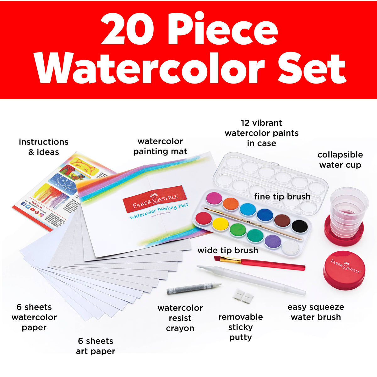 The Faber-Castell / Creativity for Kids Young Artist Learn to Watercolor Art Set for Kids is a 20-piece kit that includes watercolor paints, brushes, art paper, a resist crayon, sticky putty, instructions for watercolor techniques, a collapsible water cup, and more—all presented neatly on a white background.