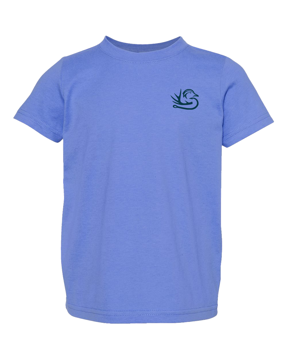 The Classic Mahi Toddler Tee by Southern Down Outfitters is a light blue short-sleeve shirt featuring a small dark green swan logo on the left chest.