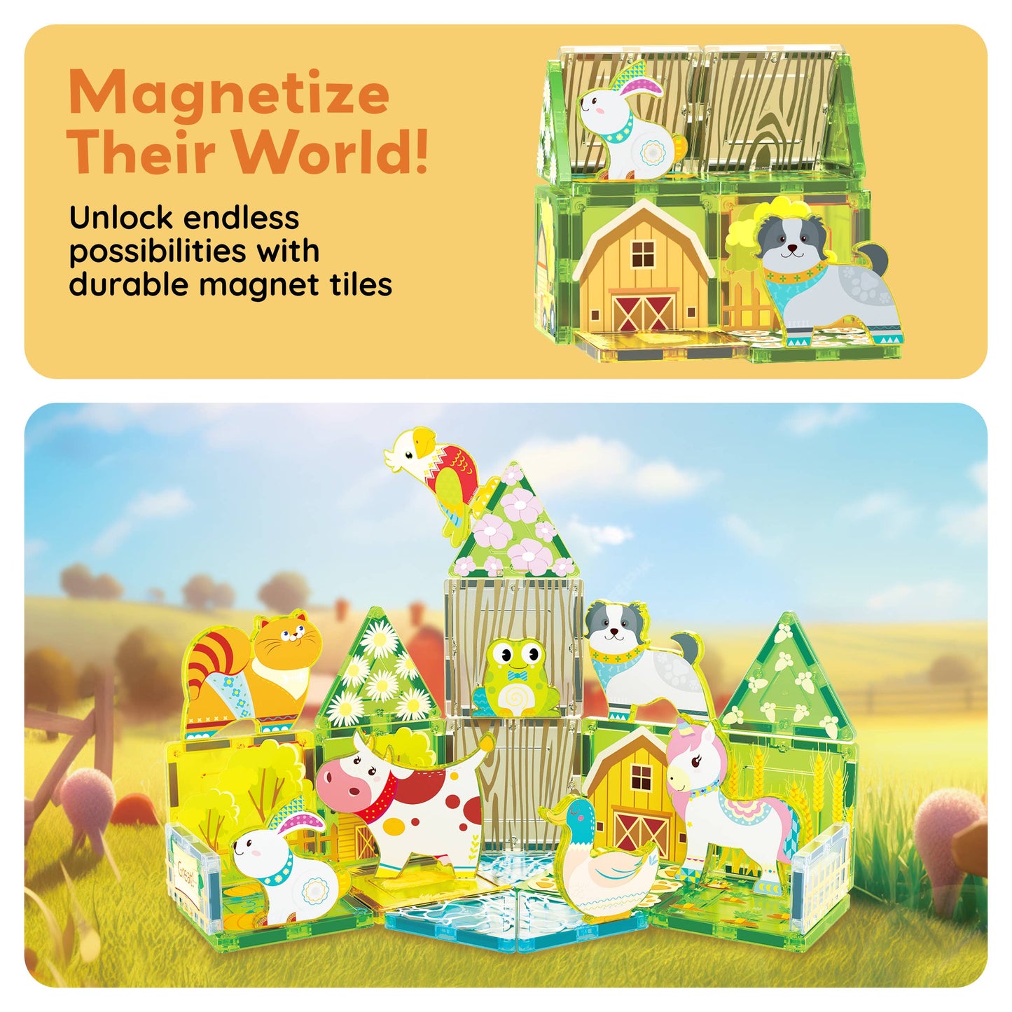 Build barns and houses on a sunny farm with the PicassoTiles 26pc Magnetic Tile Farm Theme Toy Set PTQ27, featuring colorful tiles and illustrated animals like a dog, rabbit, cat, chicken, cow, and owl. Encourages creative magnetic play.