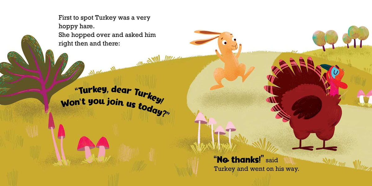 A hare talks to a turkey in a field in this illustration from the No Thanks, Said Turkey Book, with text from the book scattered throughout the scene.