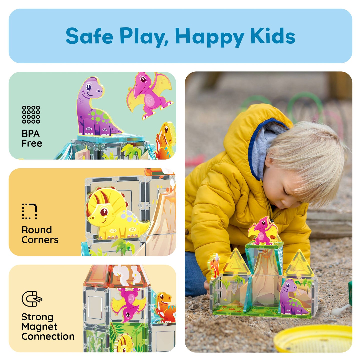 A young child in a yellow jacket plays with PicassoTiles 26pc Dino Theme Magnetic Tile Building Set. Features include BPA Free, Round Corners, and Strong Magnet Connection. At the top: Safe Play, Happy Kids. Brand: PicassoTiles.