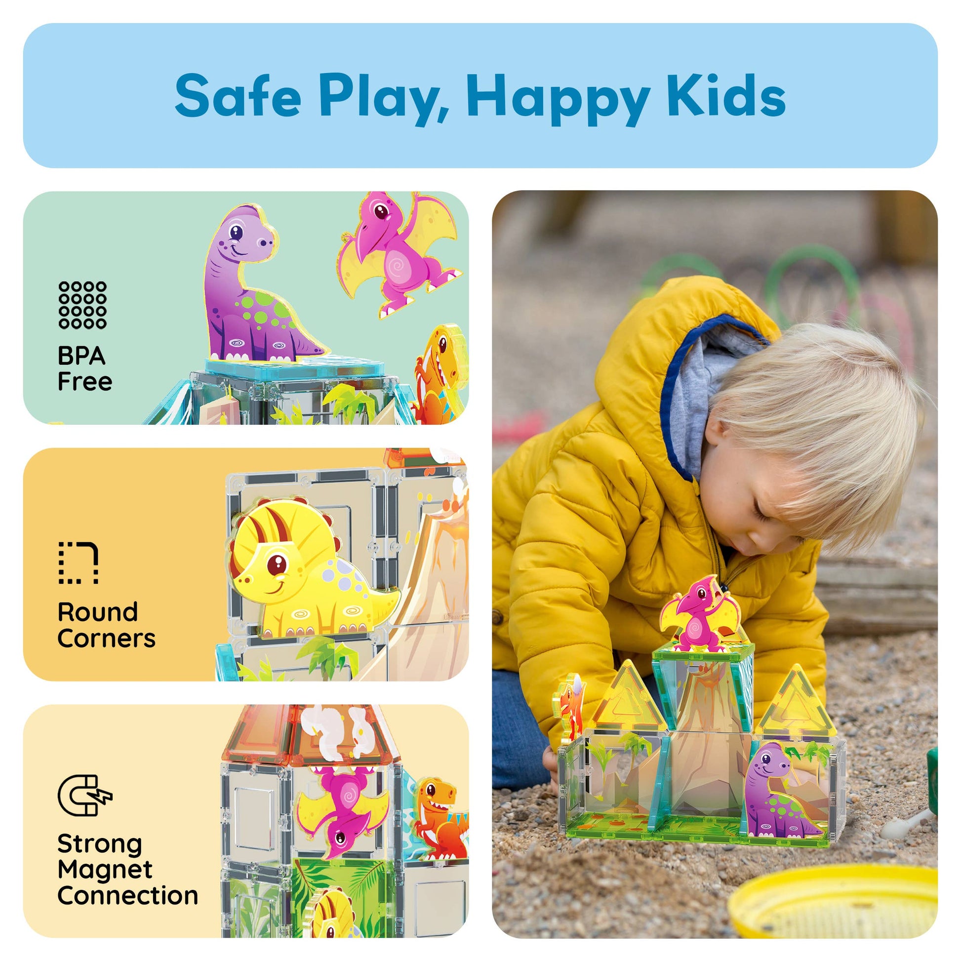 A young child in a yellow jacket plays with PicassoTiles 26pc Dino Theme Magnetic Tile Building Set. Features include BPA Free, Round Corners, and Strong Magnet Connection. At the top: Safe Play, Happy Kids. Brand: PicassoTiles.