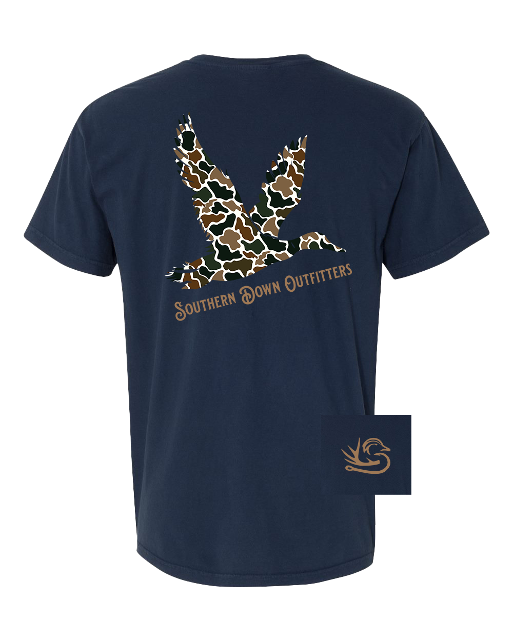 The Camo Mallard Toddler Tee by Southern Down Outfitters is a navy shirt with a large camo duck silhouette and brand text on the back, plus a small tan duck logo on the front left chest.