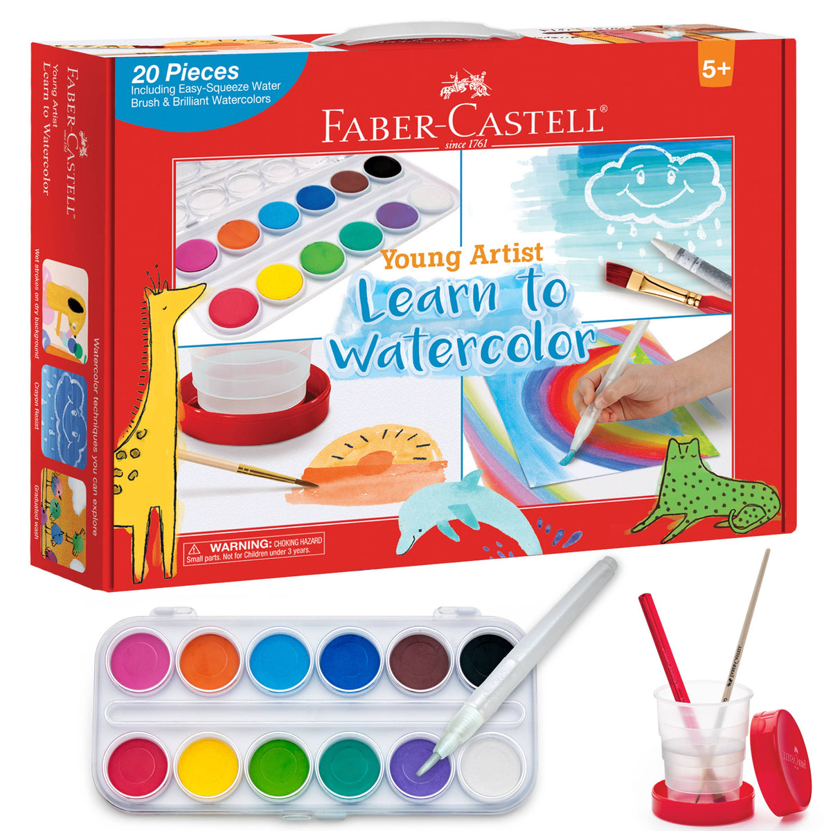 The Faber-Castell / Creativity for Kids Young Artist Learn to Watercolor Art Set for Kids features a vibrant red box filled with paints, brushes, a water cup, and a colorful rainbow painting. The packaging is decorated with cartoon animals and art tools. This watercolor kit introduces basic watercolor techniques, making it the perfect art set for children ages 5 and up.