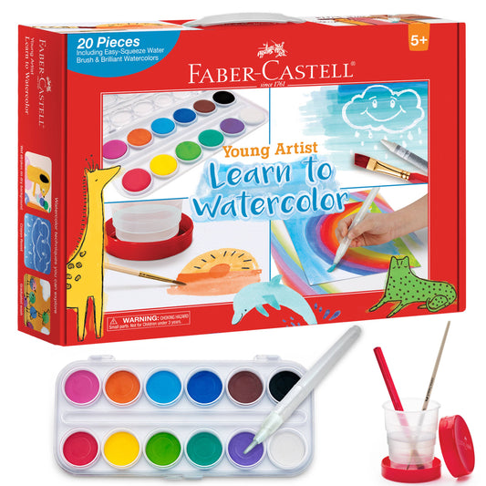 The Faber-Castell / Creativity for Kids Young Artist Learn to Watercolor Art Set for Kids features a vibrant red box filled with paints, brushes, a water cup, and a colorful rainbow painting. The packaging is decorated with cartoon animals and art tools. This watercolor kit introduces basic watercolor techniques, making it the perfect art set for children ages 5 and up.