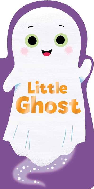 Here’s a rewritten version using the provided product data: A cute cartoon ghost with big green eyes, rosy cheeks, and a happy smile is featured on the cover of Little Ghost by Maggie Fischer, published by Simon & Schuster. The words “Little Ghost” are written across its body in orange letters against a purple background.