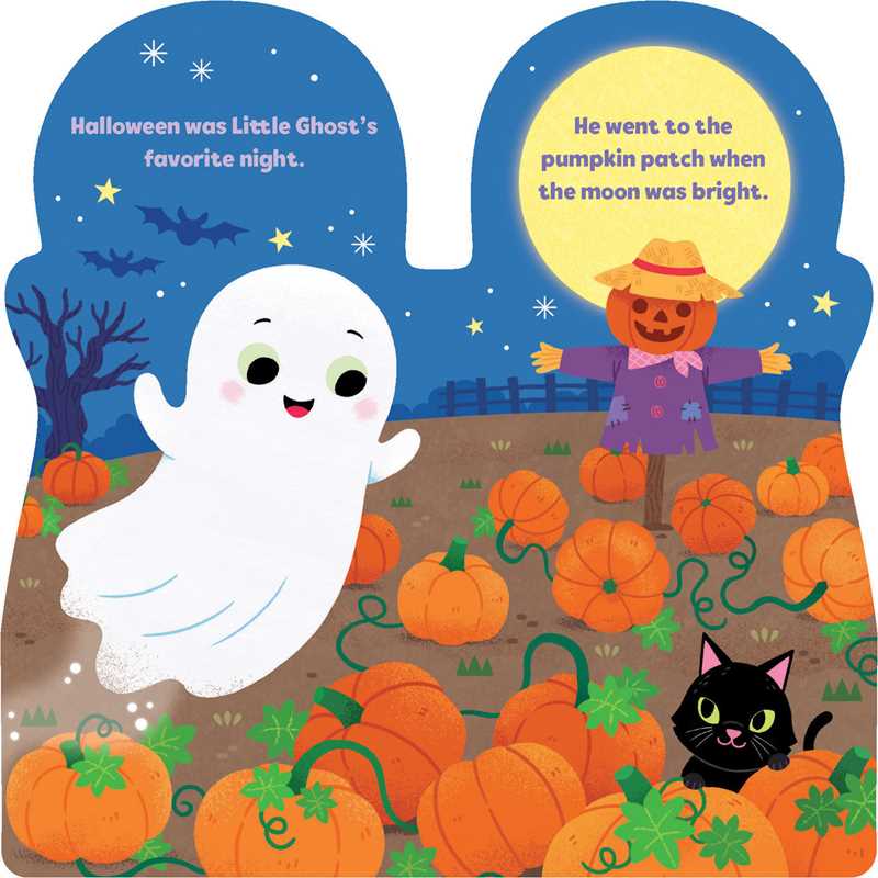 A cheerful ghost drifts through a pumpkin patch beneath the full moon, surrounded by a scarecrow, black cat, and bats. The glowing night sky features the words, “Halloween was Little Ghost’s favorite night,” and “He went to the pumpkin patch when the moon was bright.” This scene is inspired by the book Little Ghost by Maggie Fischer from Simon & Schuster.