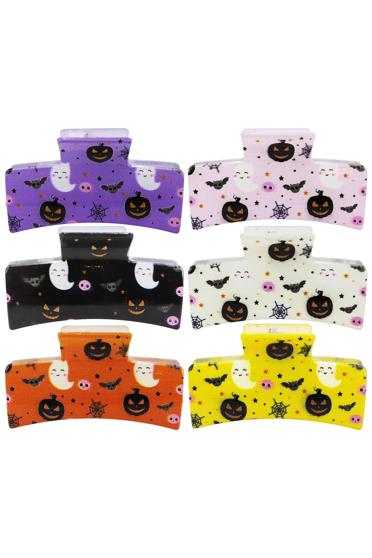 Six Halloween Hair Claw rectangular hair clips featuring ghosts, jack-o-lanterns, and spiderwebs in purple, pink, black, cream, orange, and yellow.
