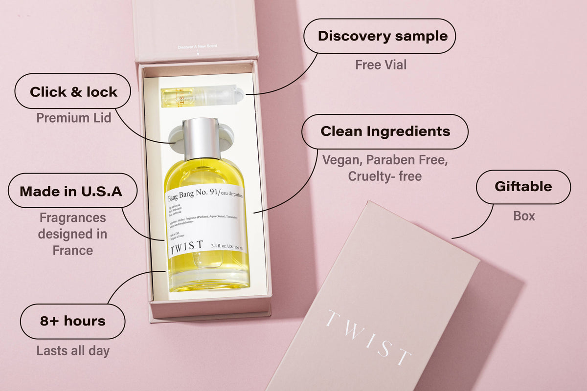 A boxed perfume bottle labeled Bang No. 91 by House of Twist, with text bubbles highlighting features: discovery sample, click & lock lid, clean ingredients, vegan and cruelty-free perfume made in the USA, 8+ hour wear time, and perfect for gifting. Set against a pink background with French fragrance notes, this long-lasting women’s perfume is both elegant and thoughtful.
