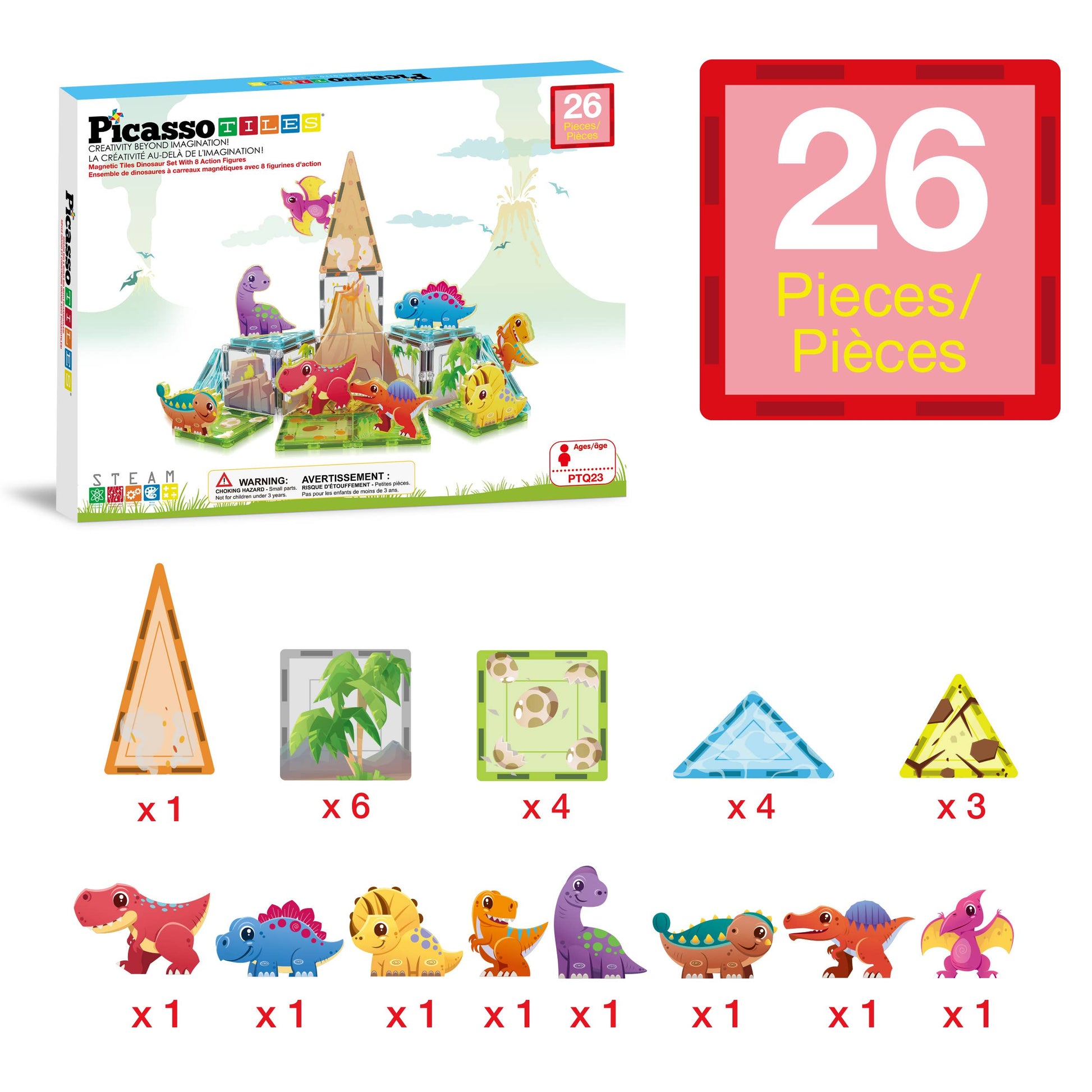 The PicassoTiles 26pc Dino Theme Magnetic Tile Building Set by PicassoTiles is shown, featuring 26 colorful magnetic tiles in various shapes and 8 dinosaur figures displayed below. A red square highlights "26 Pièces/Pièces.