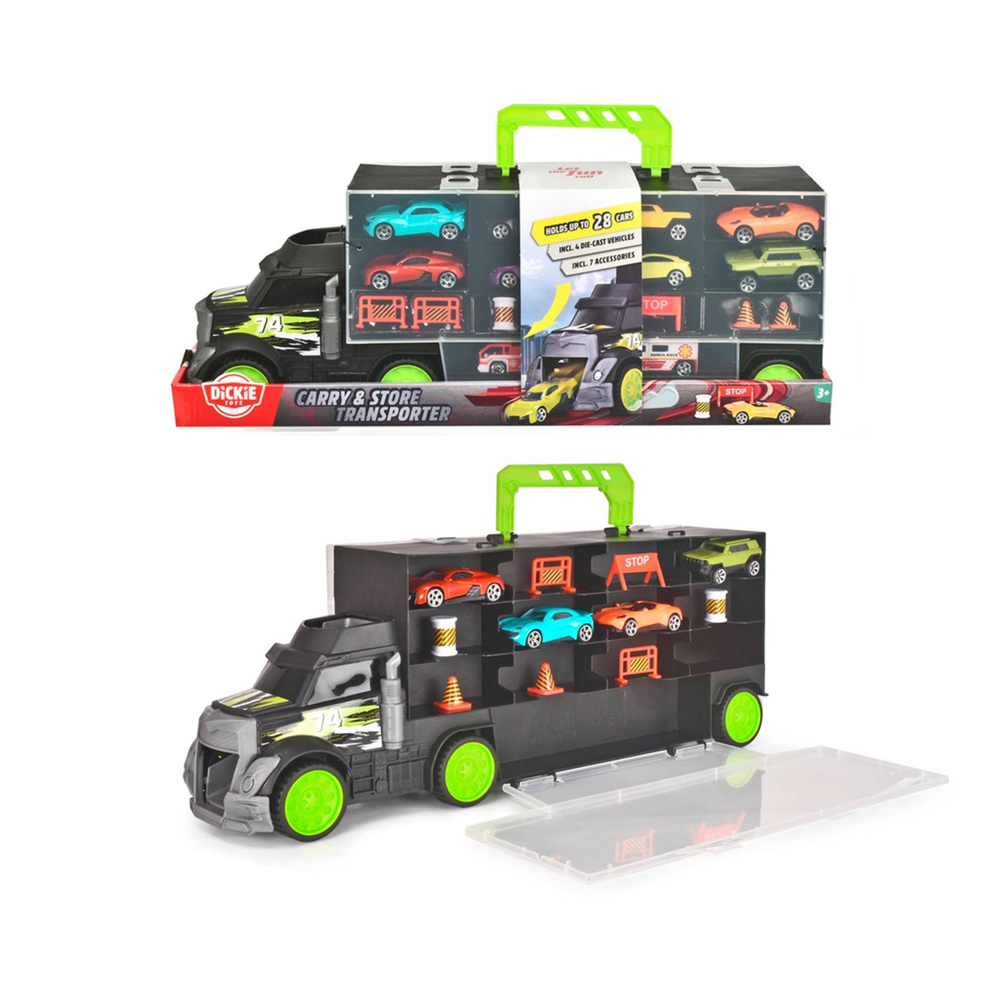 Toysmith Simba Dickie - Transporter Carry Case w/ Die-Cast Vehicles features a sturdy toy car transporter case with a green handle, holding six colorful die-cast vehicles and accessories. The case opens up to showcase the vehicles and sports a gray truck cab with green wheels—perfect for young fans of Toysmith toys and aspiring transport enthusiasts.