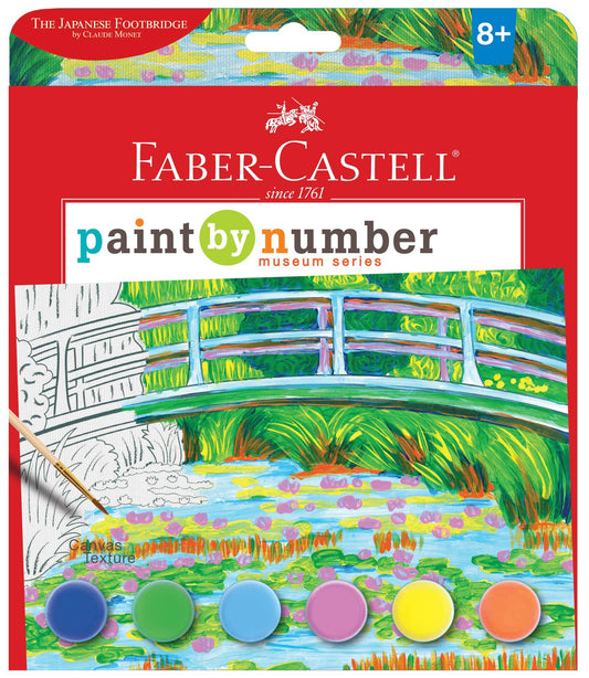 The Faber-Castell / Creativity for Kids Paint by Number Museum Series - The Japanese Footbridge is a paint by number kit designed for ages 8 and up. It features Claude Monet’s iconic scene on artist canvas, with a partially colored background, six vibrant paint pots, and a quality paintbrush to help you create your own masterpiece.