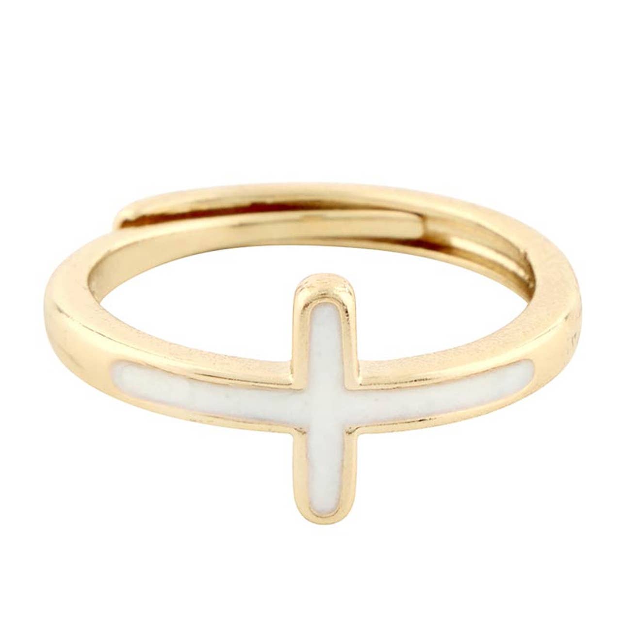 A gold ring from Faithworks by Creative Brands, featuring a horizontal cross inlaid with mother of pearl across the front.