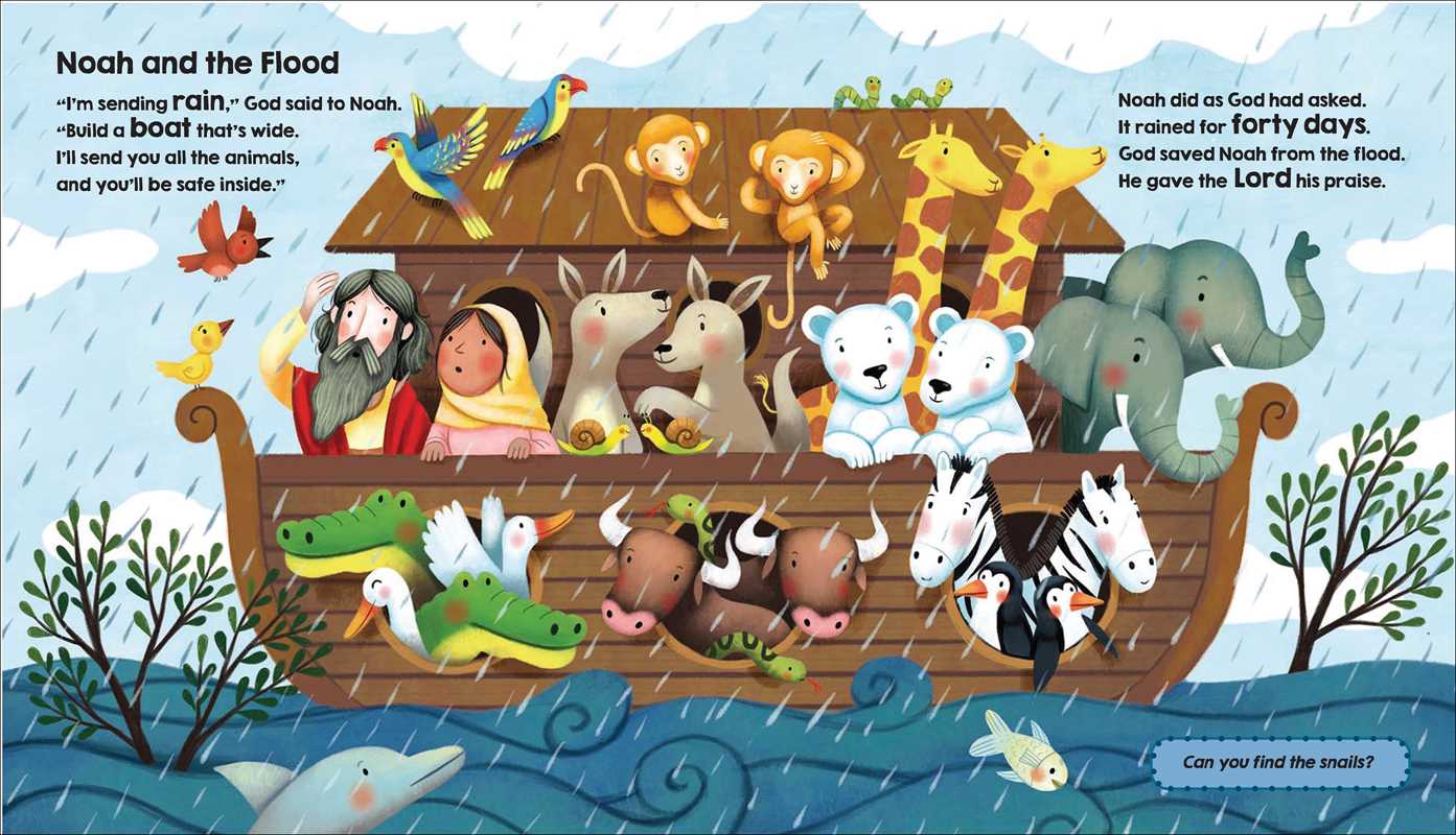 The Simon & Schuster "Bible Stories for Little Hands Book" features a cartoon of Noah’s ark in the rain, with pairs of animals—including lions, giraffes, elephants, and more—plus Noah and his family amid waves and raindrops.