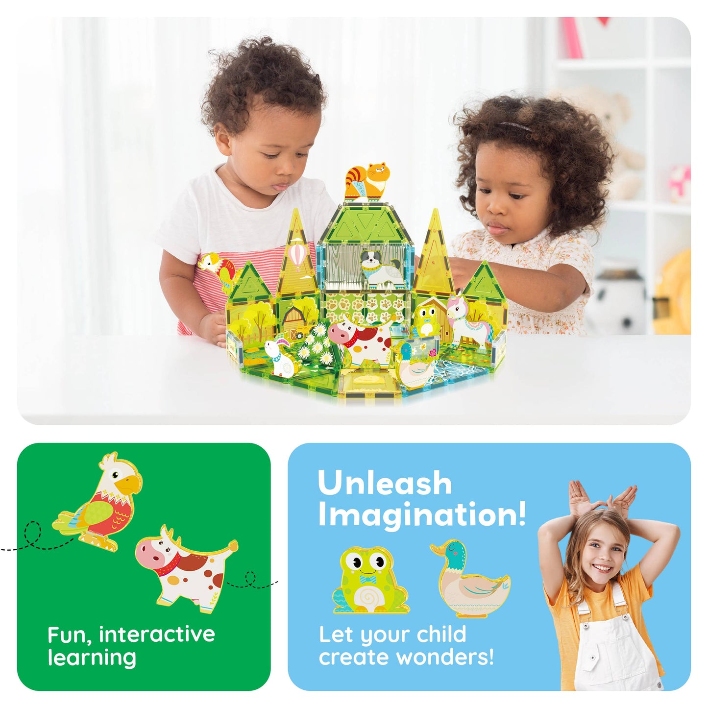 Two young children play with the PicassoTiles 26pc Magnetic Tile Farm Theme Toy Set PTQ27 by PicassoTiles, featuring colorful tiles and animal pieces. Playful illustrations and text encourage fun, interactive learning and imaginative play.