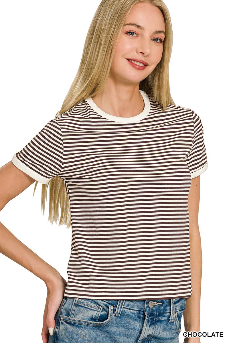 A woman with long blonde hair smiles at the camera, wearing the 42POPS Striped Contrast Trim Tee— a black and white striped short-sleeve top with white collar and sleeve trim—paired with blue jeans.