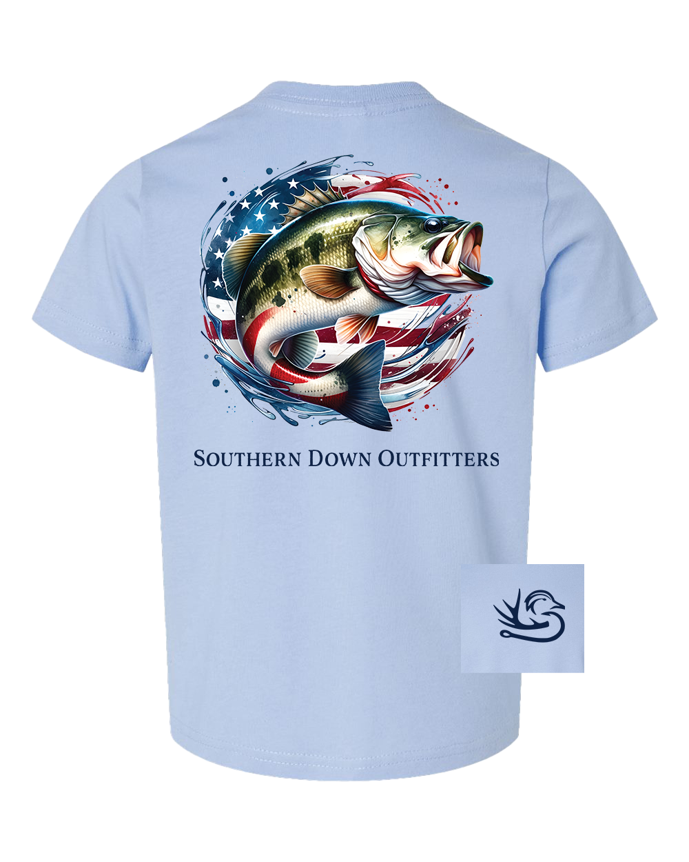 The American Bass Toddler Tee by Southern Down Outfitters is a light blue shirt with a bold bass fish over an American flag graphic on the back, brand text below, and a small hook logo in the lower corner.